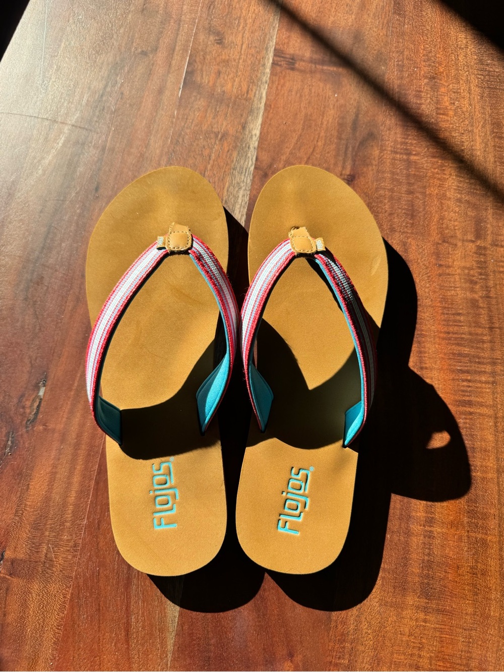 Flojos Tan Flip Flop Sandals with Pink and Teal Striped Straps NWOT